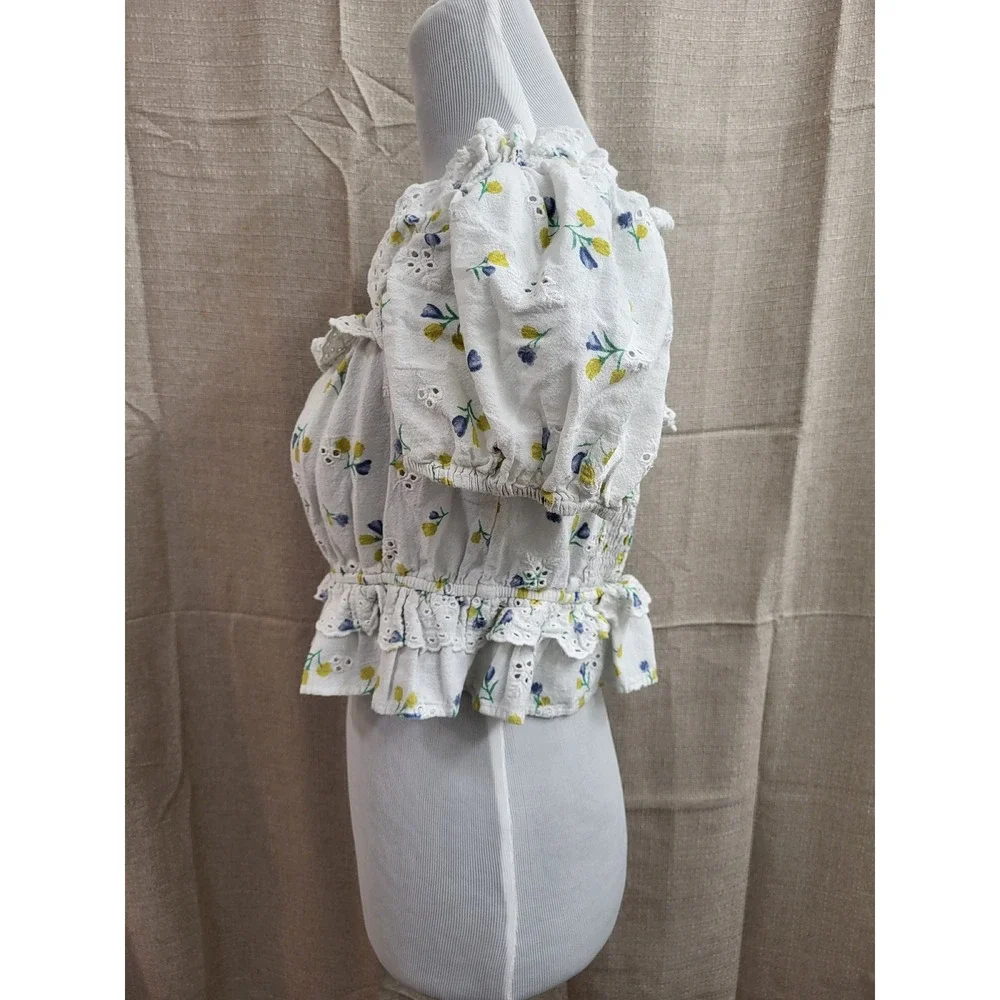 Zara White Yellow Floral Eyelet Smocked Crop Top Blouse Puff Sleeve Large